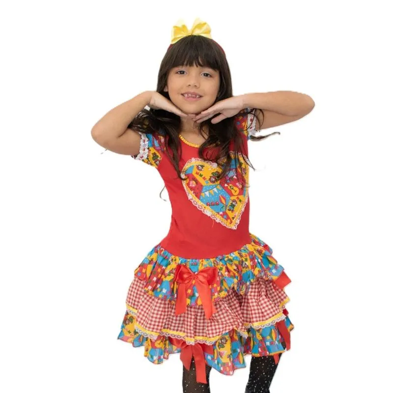 Vestido Infantil Festa Junina Vermelho Bandeirinha com Tiara