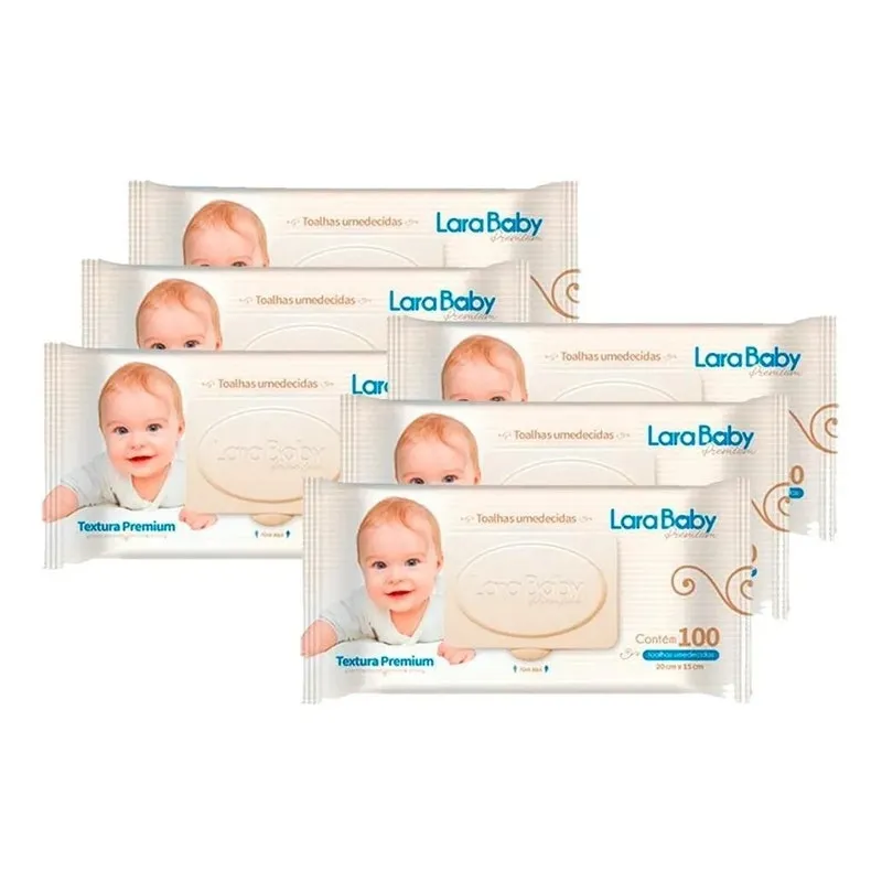 Kit 06 Com Lenço Umedecido Lara Baby 100 Toalhinhas Cada