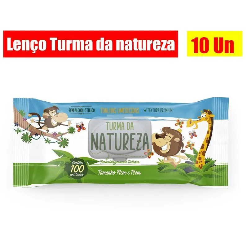 Kit C/10 Toalhas Umedecidas Turma Da Natureza C/100 Uni