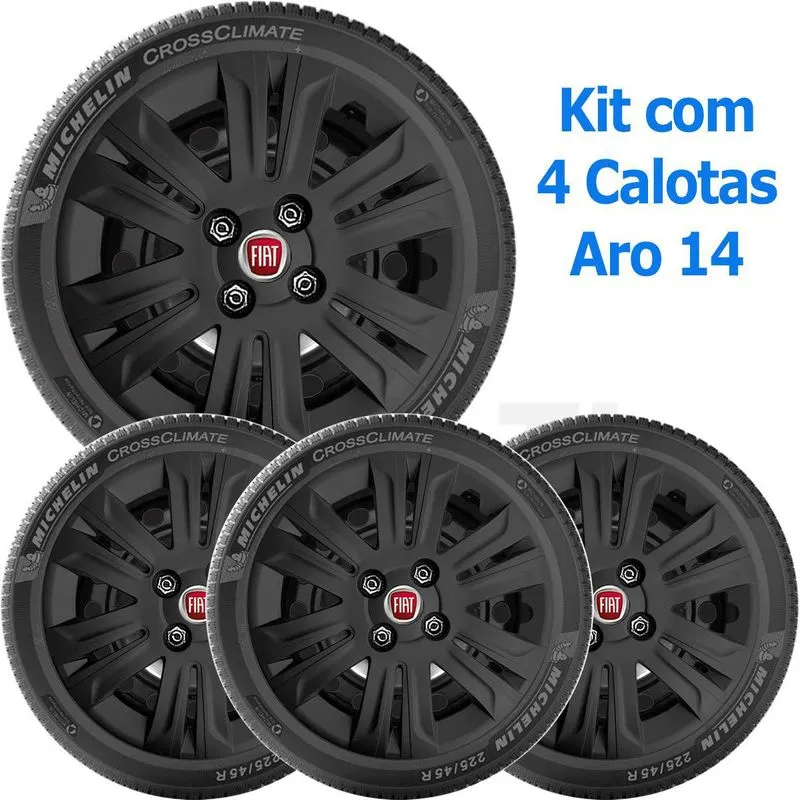 4x Calota Fiat Doblo Strada Aro 14 Preto Cubo Alto 209ca