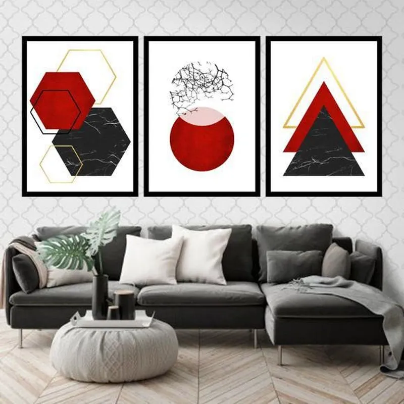 Kit 3 Quadros Decorativos Geométricas Vermelhas