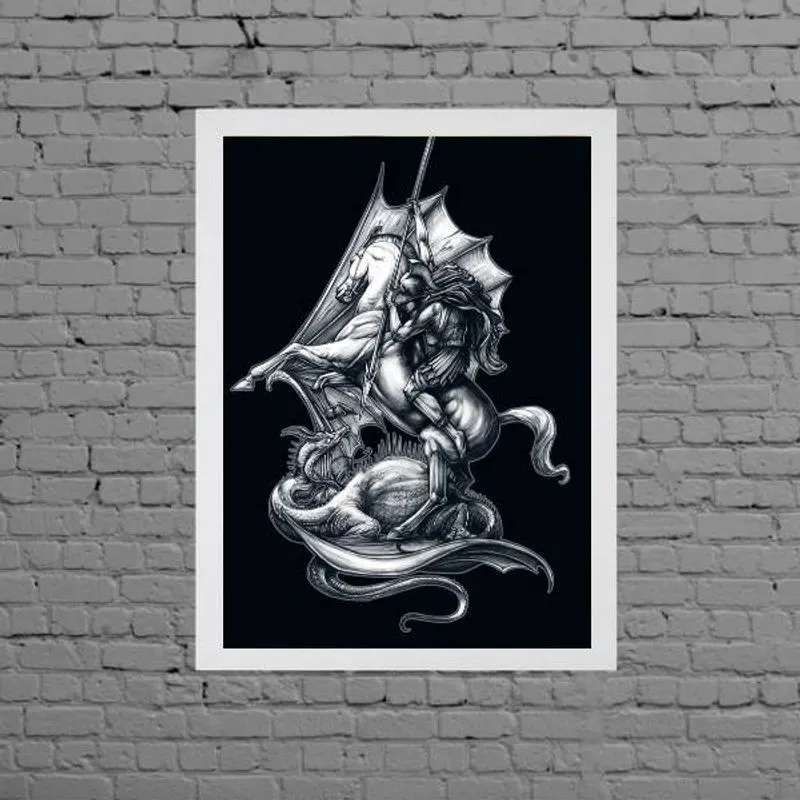 Quadro Desenho São Jorge Preto E Branco 45x34cm - Com Vidro