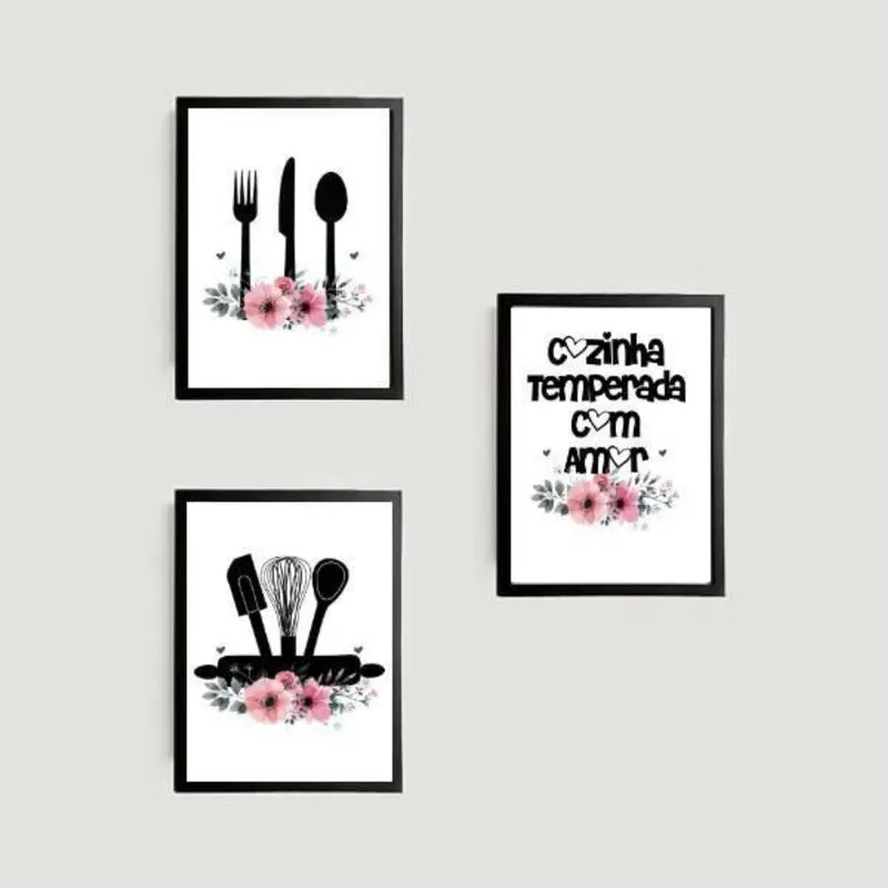 Kit 3 Quadros Cozinha Temperada Amor 45X34 Vidro Preta