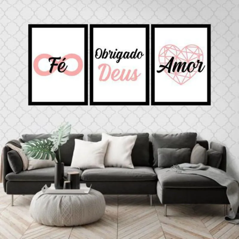 Kit 3 Quadros Fé, Obrigado Deus E Amor 24X18Cm