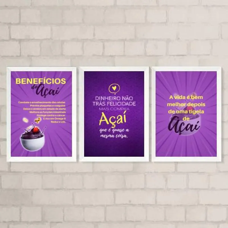 Kit 3 Quadros Decorativos Frases Açaí 24X18Cm - Branca