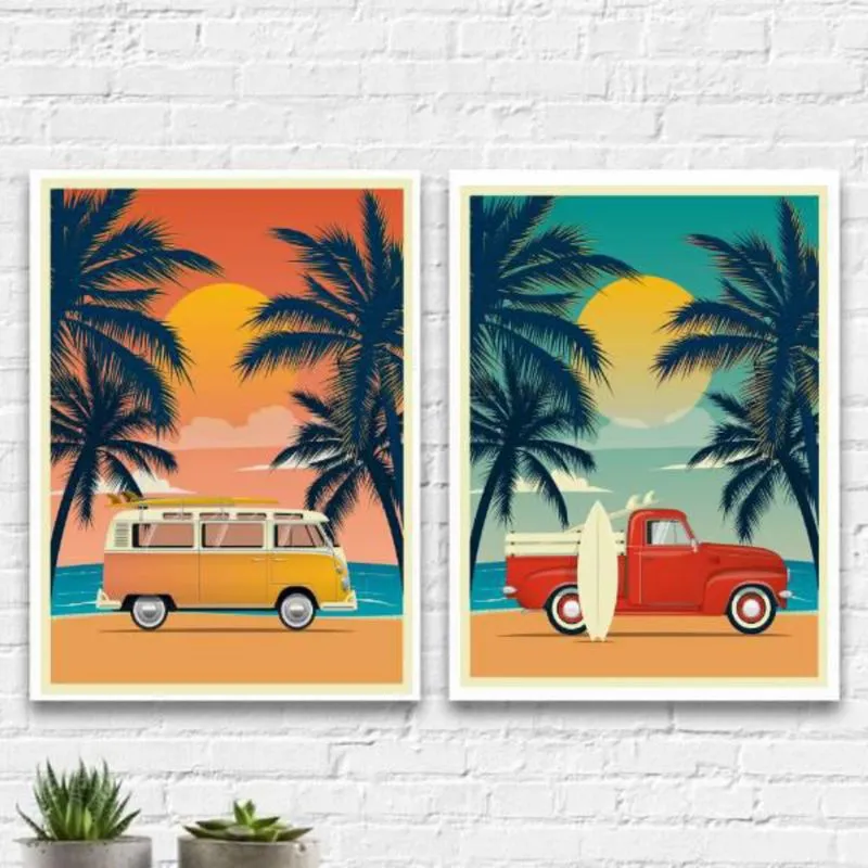 Kit 2 Quadros Decorativos Carros Na Praia 45X34Cm - Branca