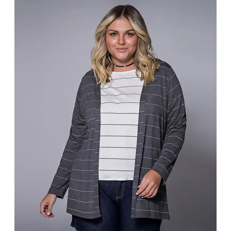 Cardigan Feminino Plus Size Listrado Secret Glam Cinza Plus G