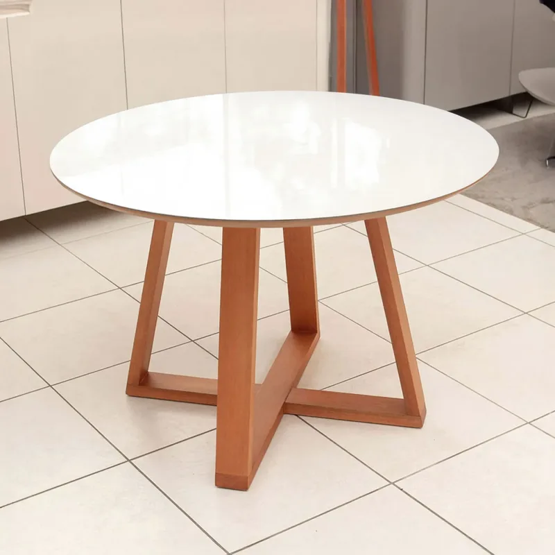 Mesa de Jantar 115cm Tampo em Vidro Sobreposto e Base Madeira Natural