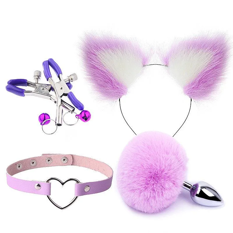 Plug Anal Pompom Lilás Com Tiara Orelhas De Gato + Grampos P/ Seios Em Metal E Laço Gargantilha