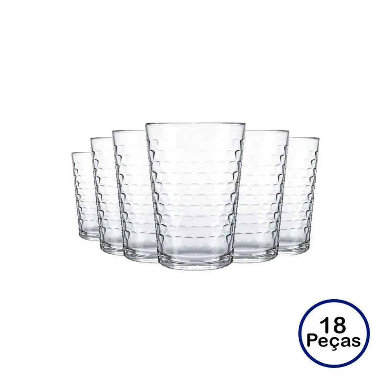 Jogo de Copos Batuque 265ml 18 Unidades Vidro Transparente Nadir