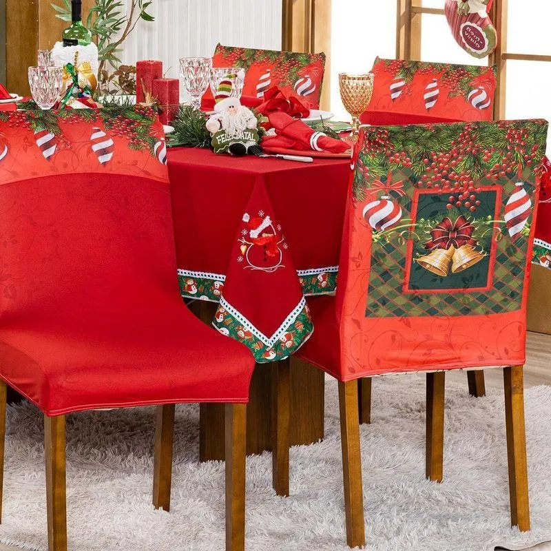 Kit De Capas De Cadeira Jantar Estampadas Natalina Ajustável C/ Elástico 04 Pçs - Sinos