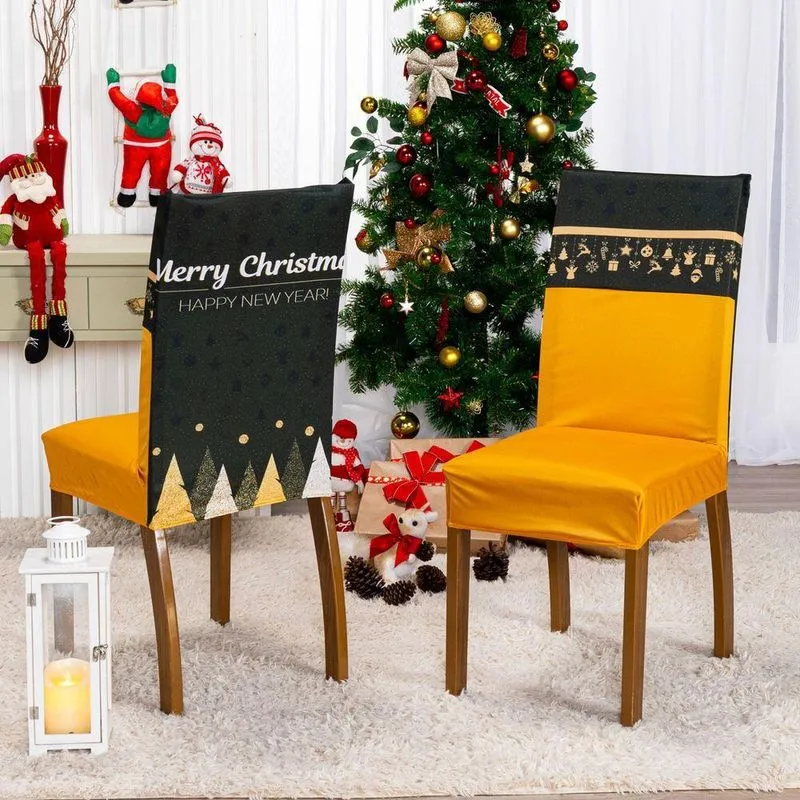 Kit De Capas De Cadeira Jantar Estampadas Ano Novo Ajustável Com Elástico 6 Peças Cor Árvore Dourado