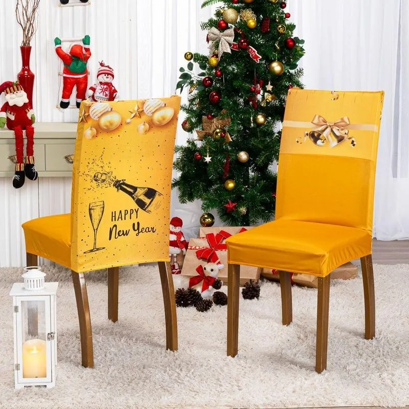 Kit De Capas De Cadeira Jantar Estampadas Ano Novo Ajustável Com Elástico 8 Peças Cor Sinos Dourados