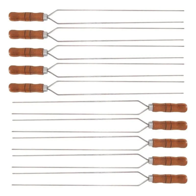 10 Espetos Duplo 40cm De Inox Com Cabo Madeira - Resistente