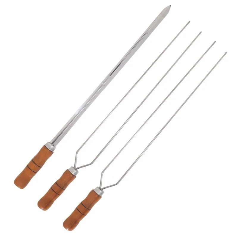 Kit 3 Espetos 80cm De Inox Com Cabo Madeira - Duplo E Espada