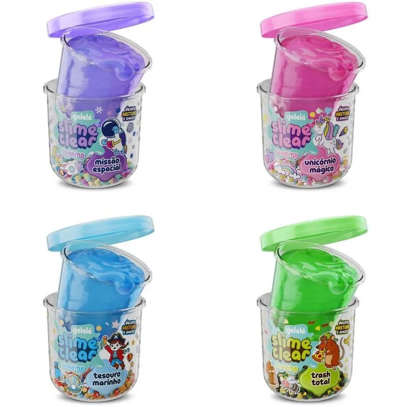 Kit Slime Infantil Clear Charms Unicórnio Espacial Trash Marinho com Enfeites Temáticos Gelelé Slime Infantil Clear Charms Unicórnio Espacial Trash Marinho com Acessórios Divertidos Gelelé