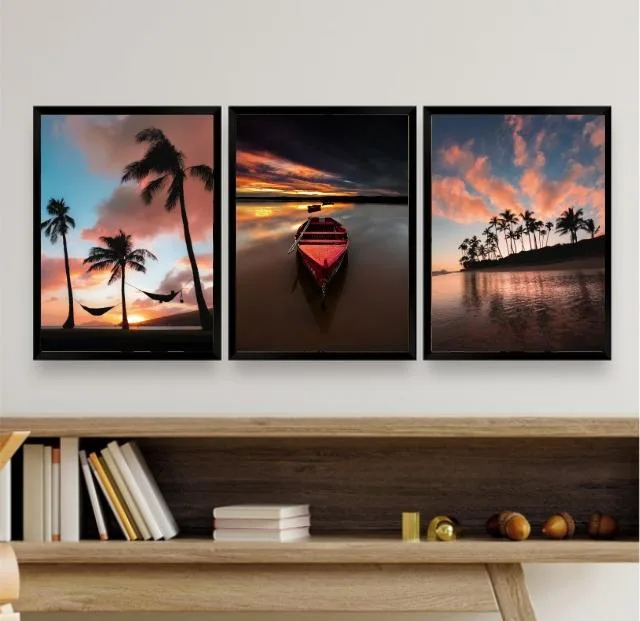 Kit 3 Quadros Sala Praia 45x34cm - Vidro E Moldura Branca