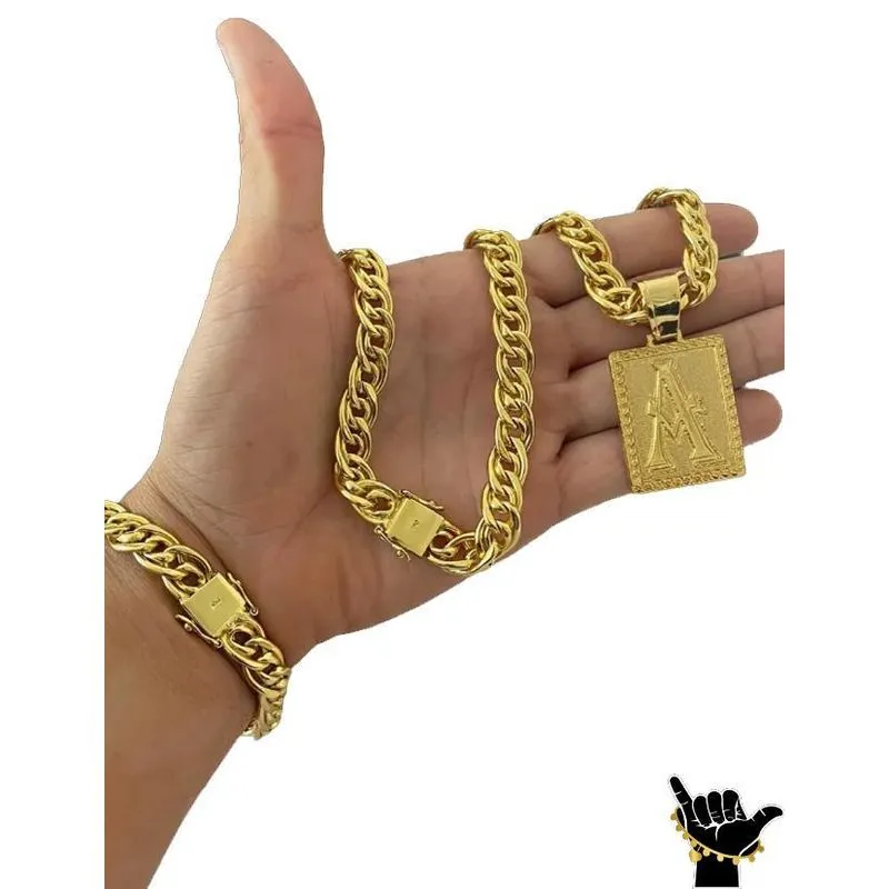 Corrente Romana 10mm + Pulseira + Pingente - Banhado A Ouro