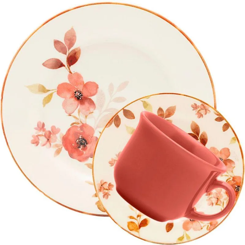 Jogo De Café Lanche Donna Chá Das 5 Cerâmica Vermelho E Branco Resistente A Micro-ondas Oxford 20pçs