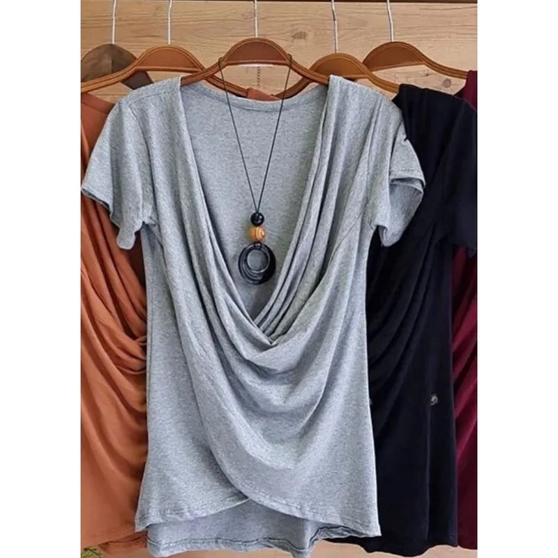 Blusa Transpassada Feminina Manga Curta Blogueira cinza