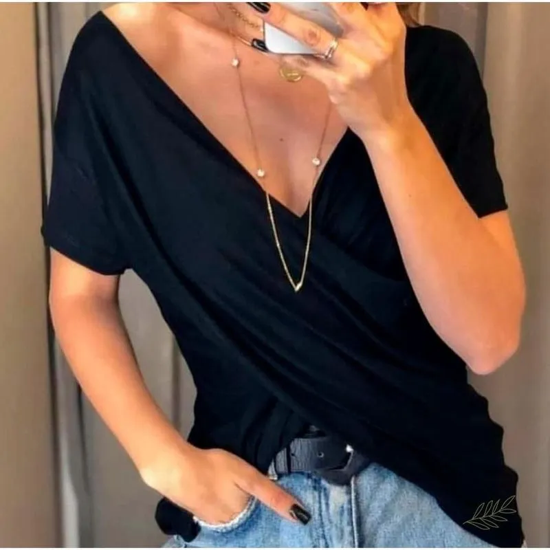 Blusa Transpassada Feminina Manga Curta Moda Verão Blogueira