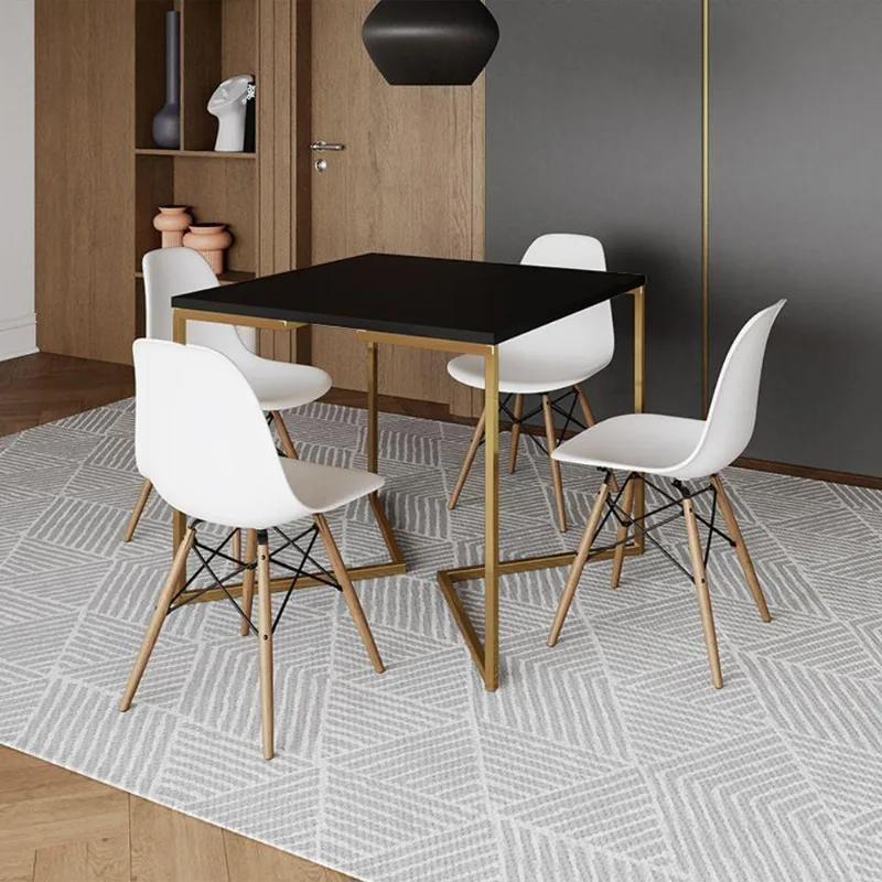 Mesa Jantar Industrial Quadrada 90Cm Preta Base V Dourada Com 4 Cadeiras Madeira Branca Cor: Preto