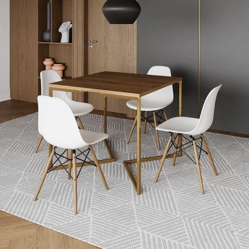 Mesa Jantar Industrial Quadrada 90Cm Amêndoa Base V Dourada C/4 Cadeiras Madeira Bran Cor: Amendoa