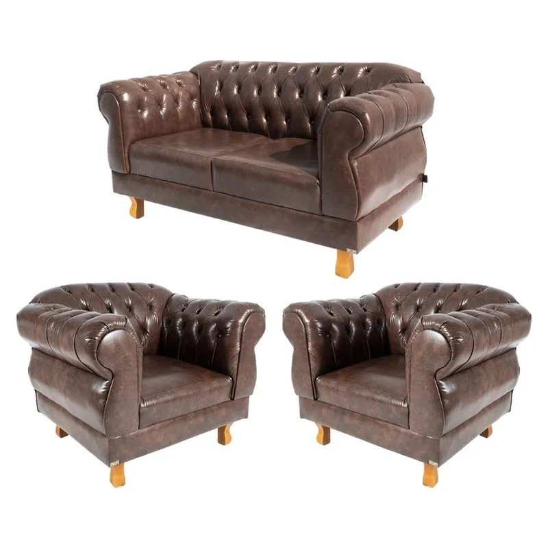 Um Sofá 2,00cm + Duas Poltronas Chesterfield Elisabeth Corano Marrom Café