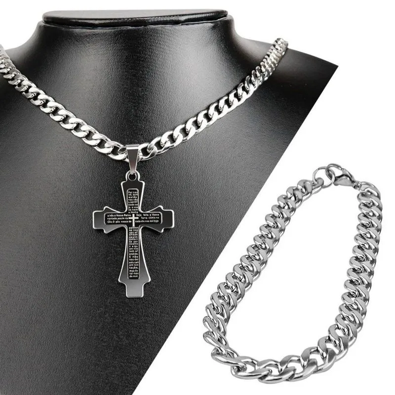 Pingente Cruz Pai Nosso + Pulseira + Cordão Aço Inox Prata