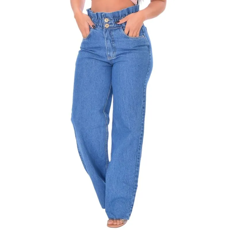Calça Jeans Pantalona Feminina Cintura Alta Wide Leg Elástico na Cintura