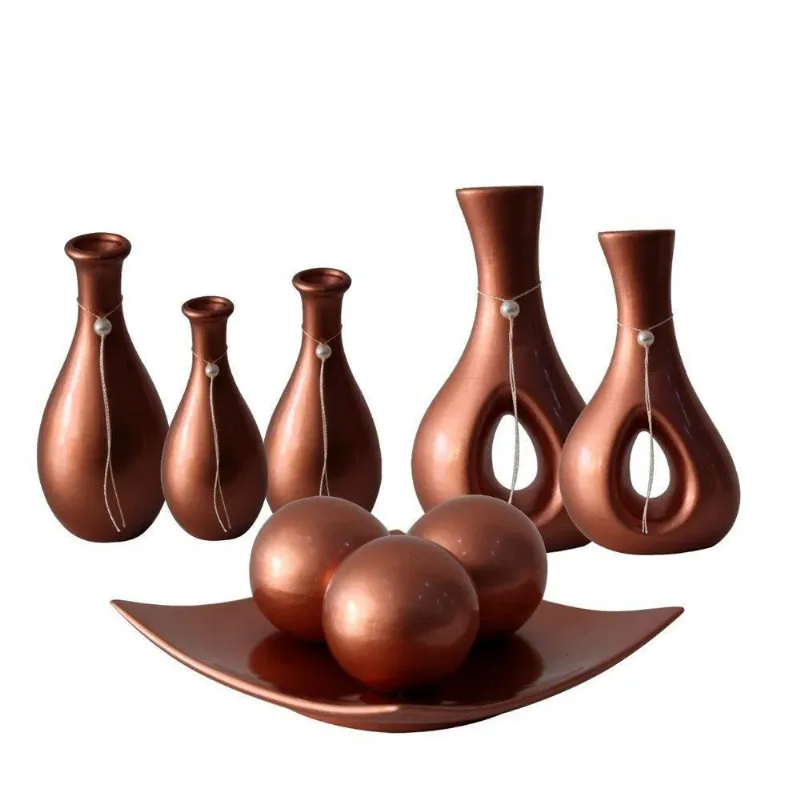 Conjunto Centro De Mesa Trio De Garrafas E Par Vasos - Cobre