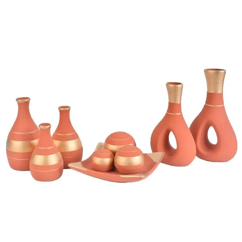 Conjunto Centro De Mesa Com Trio De Garrafas E Par De Vasos Fosco - Terracota Golden