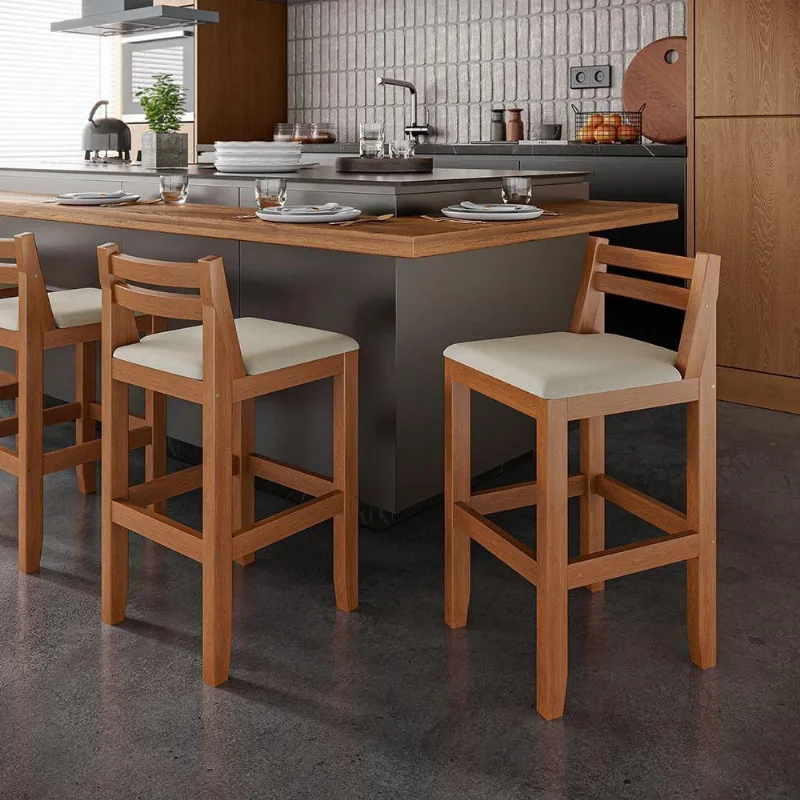 Conjunto 2 Banquetas Em Madeira Maciça Ibiza Ilha 78 Cm - Malbec Assento Off White