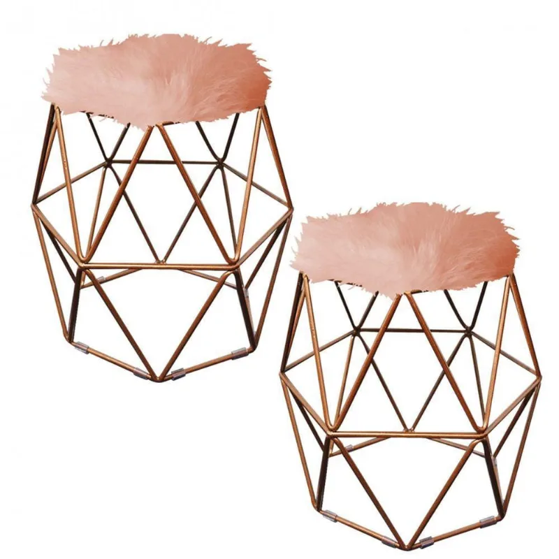 Kit 02 Puff Banqueta Aramado Luna Hexágono Base Bronze Pelúcia Pelo Alto Rose