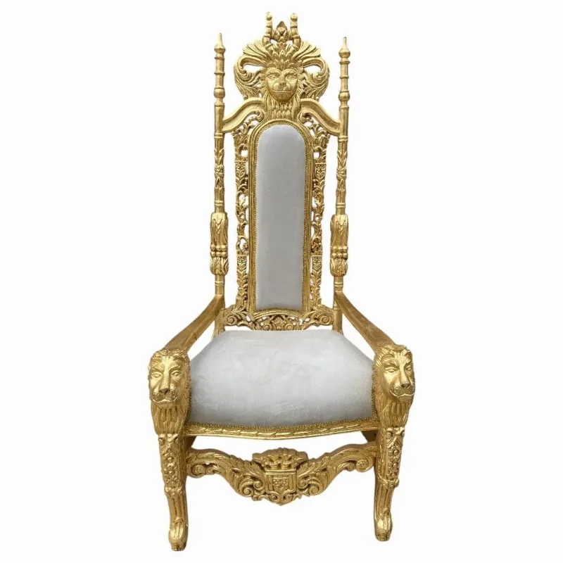 Cadeira Clássica Lion Magestic Branca Folhada a Ouro 185x85x66cm Luxo e Sofisticação