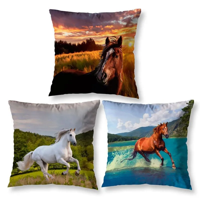 Kit 3 Capas De Almofada 40cm Quadradas Cama Sofá Cavalo