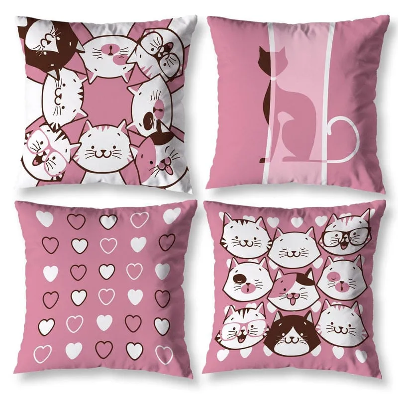 Kit 4 Capas De Almofada Estampa 40Cm Quadrada Sala Gatos