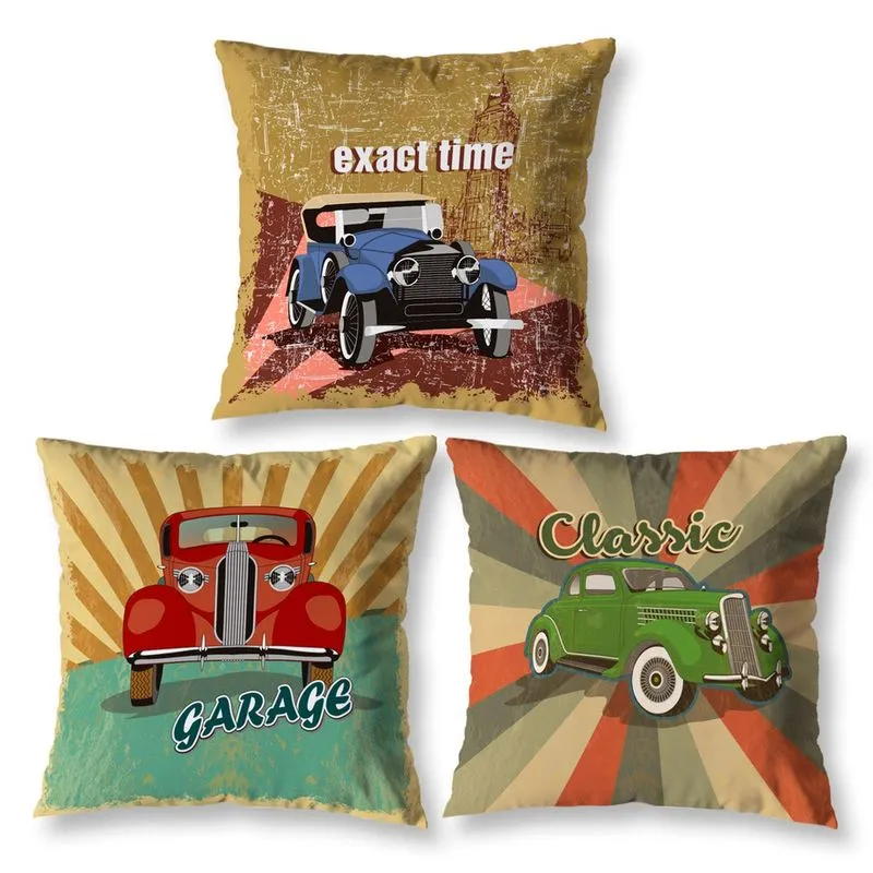 Kit 3 Capas de Almofada Quarto Vintage Carros 40cm Decoração