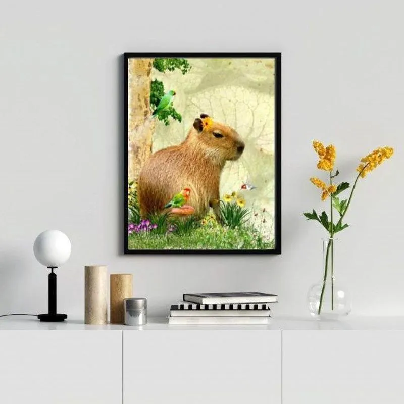 Quadro Capivara com Passarinhos 24x18cm Madeira Preta