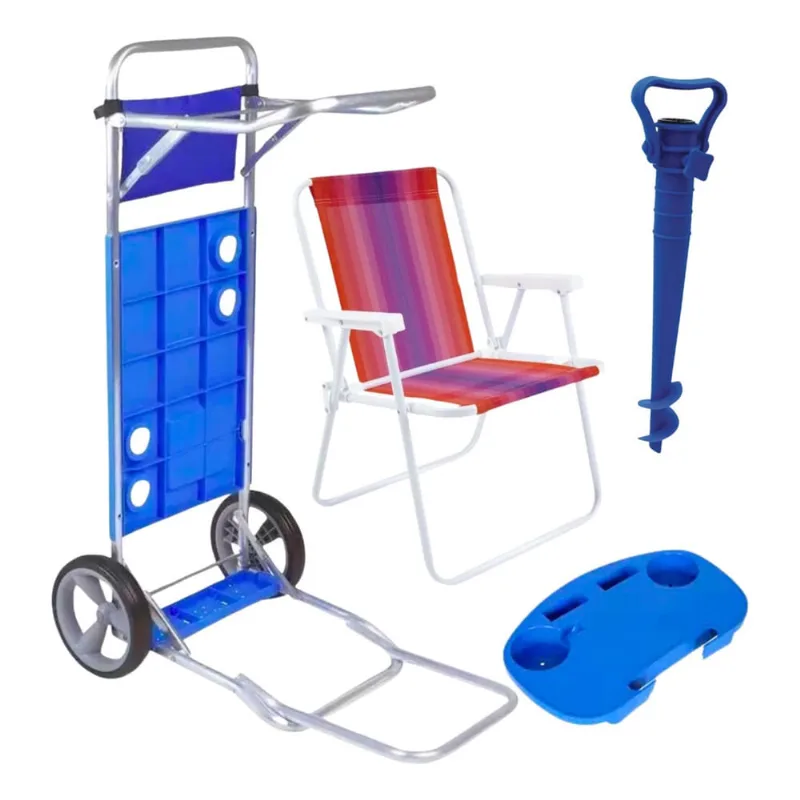 Kit Completo Cadeira Praia Mesa Portátil Carrinho Saca Areia