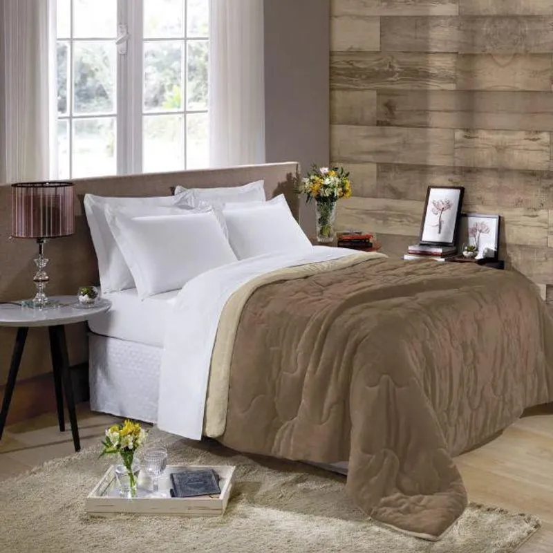 Edredom Buettner Casal Plush Flanel Dupla Face Khaki