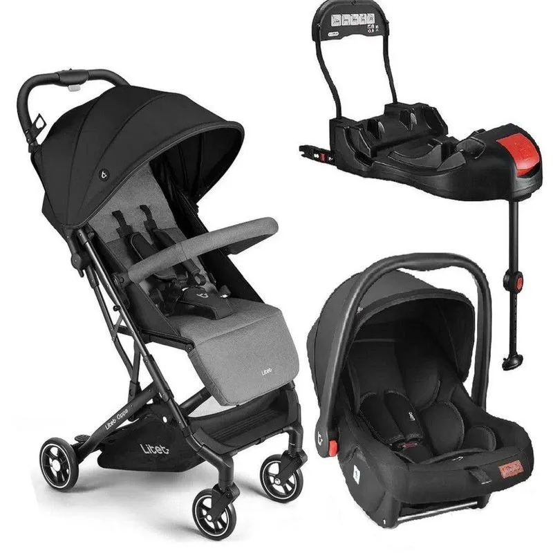 Kit Carrinho De Bebê Oppa Preto/cinza + Bebê Conforto + Base Isofix Litet Bb4650k Preto/cinza