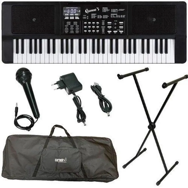 Teclado Iniciante Queens 61 Teclas + Microfone Capa Estante
