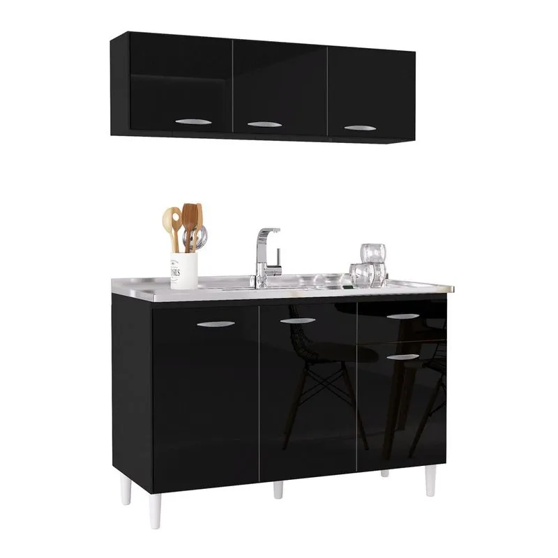 Cozinha Compacta Armário Aéreo e Balcão 120cm Preto Poquema