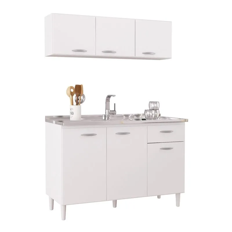 Cozinha Compacta Armário Aéreo e Balcão 120cm Branco Poquema