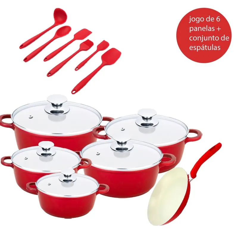 Kit Jogo De 6 Panelas Antiaderente Com Conjunto De 6 Utensilios De Cozinha - Vermelho