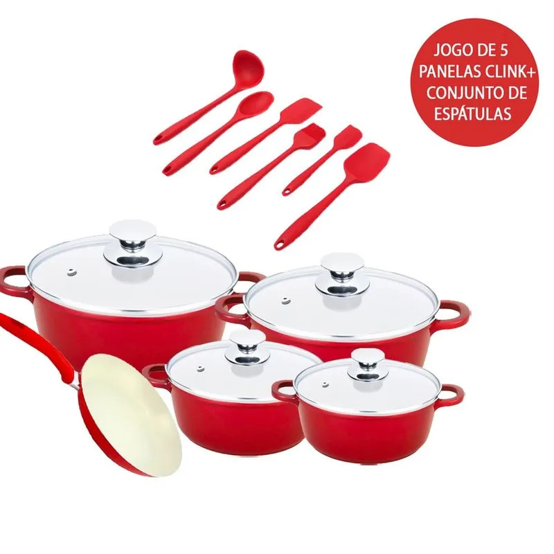Kit Jogo 5 Panelas Antiaderente Com Conjunto 6 Utensílios De Cozinha - Vermelha