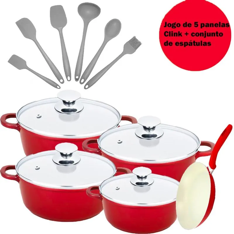 Kit Jogo De Panelas Antiaderente Vermelha 5 Peças Com Conjunto 6 Utensílios De Cozinha Cinza