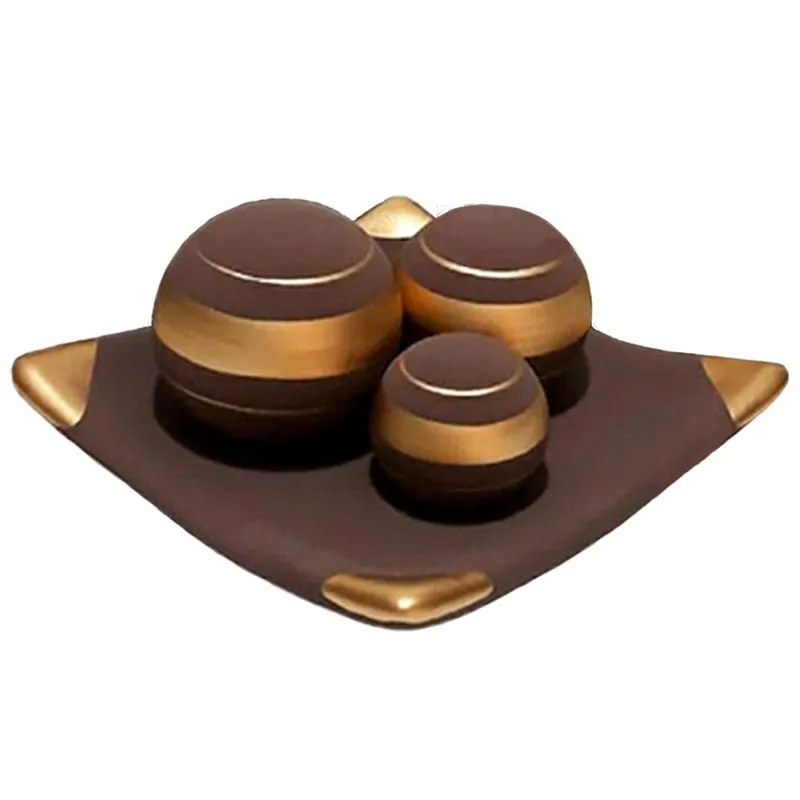 Centro De Mesa Prato 3 Esferas Em Cerâmica Fosca Decor - Brown Golden