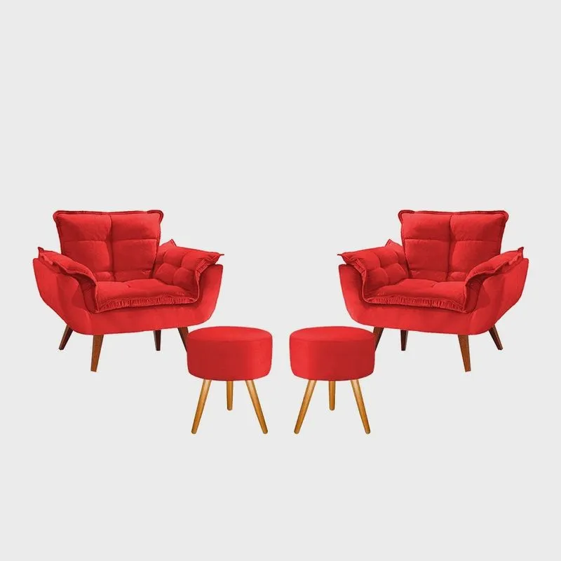 Conjunto 2 Poltronas Opala com 2 Puff Redondo Luxo com Pés Estilo Retrô - Vermelho